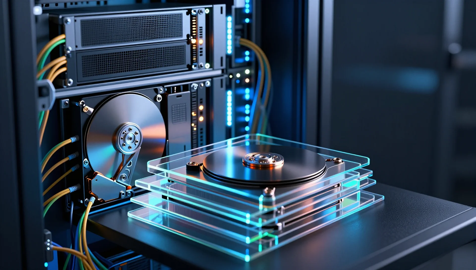 Server rack with illuminated hard drive bays and layered virtualization planes representing ZFS storage.