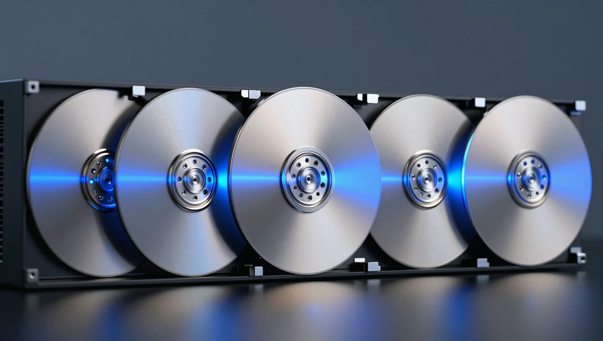 Five glowing aluminum disks in a row, representing a tuned storage pool.