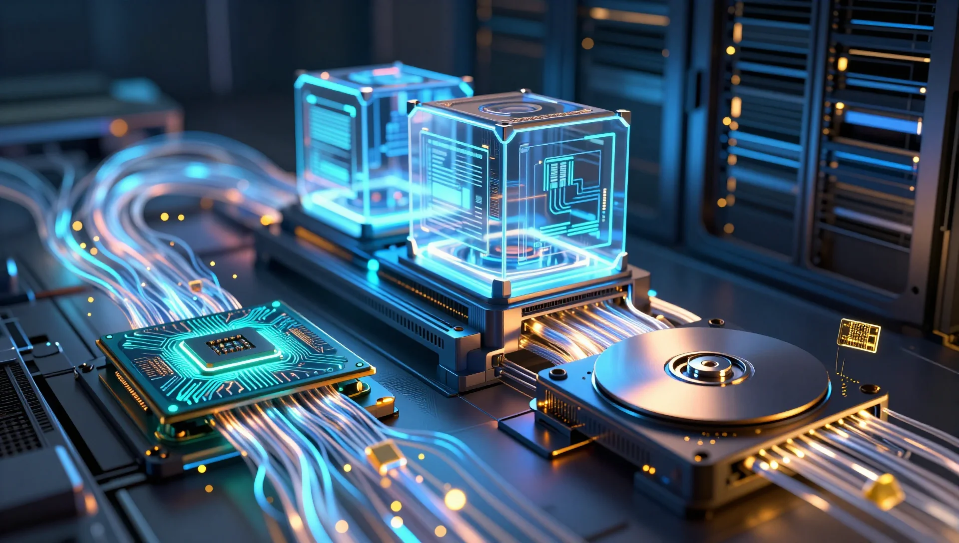 Glowing virtual machine containers and accelerated data streams inside a futuristic server chassis.