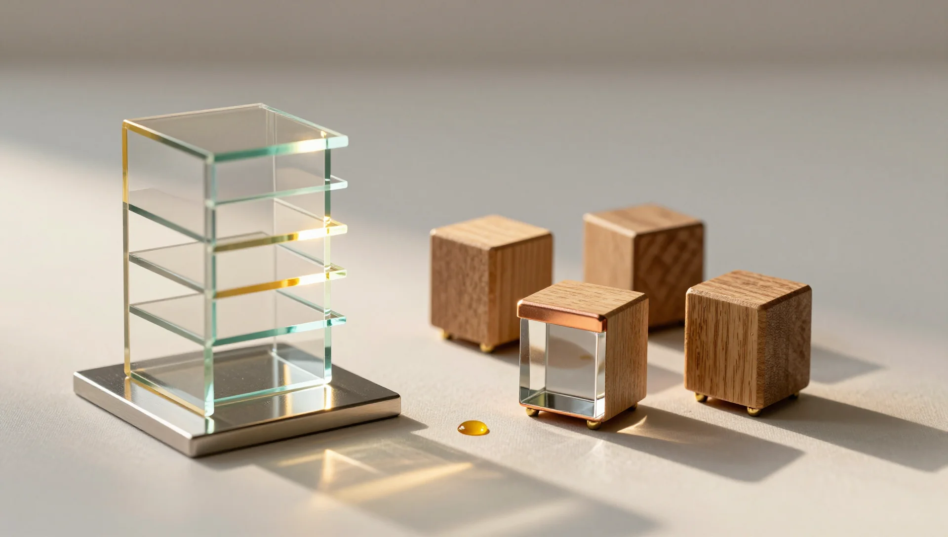 Stacked translucent glass panels representing LXC containers beside three wooden blocks each enclosed individually for KVM virtual machines on an off-white surface.