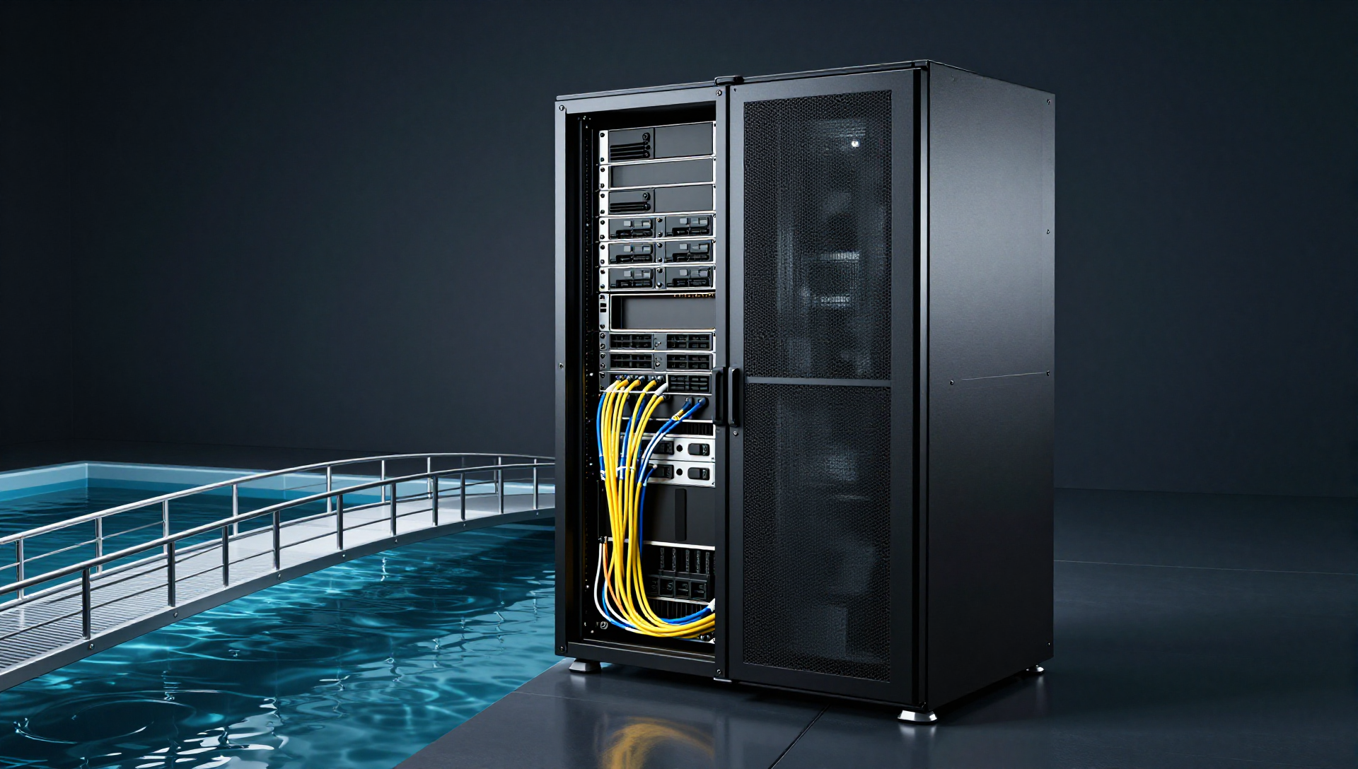 A sleek server rack, hard drives, cables, a bridge, water pools, backup drives, dark, moody studio setting, dramatic lighting, colour palette, mood, camera angle, lens.