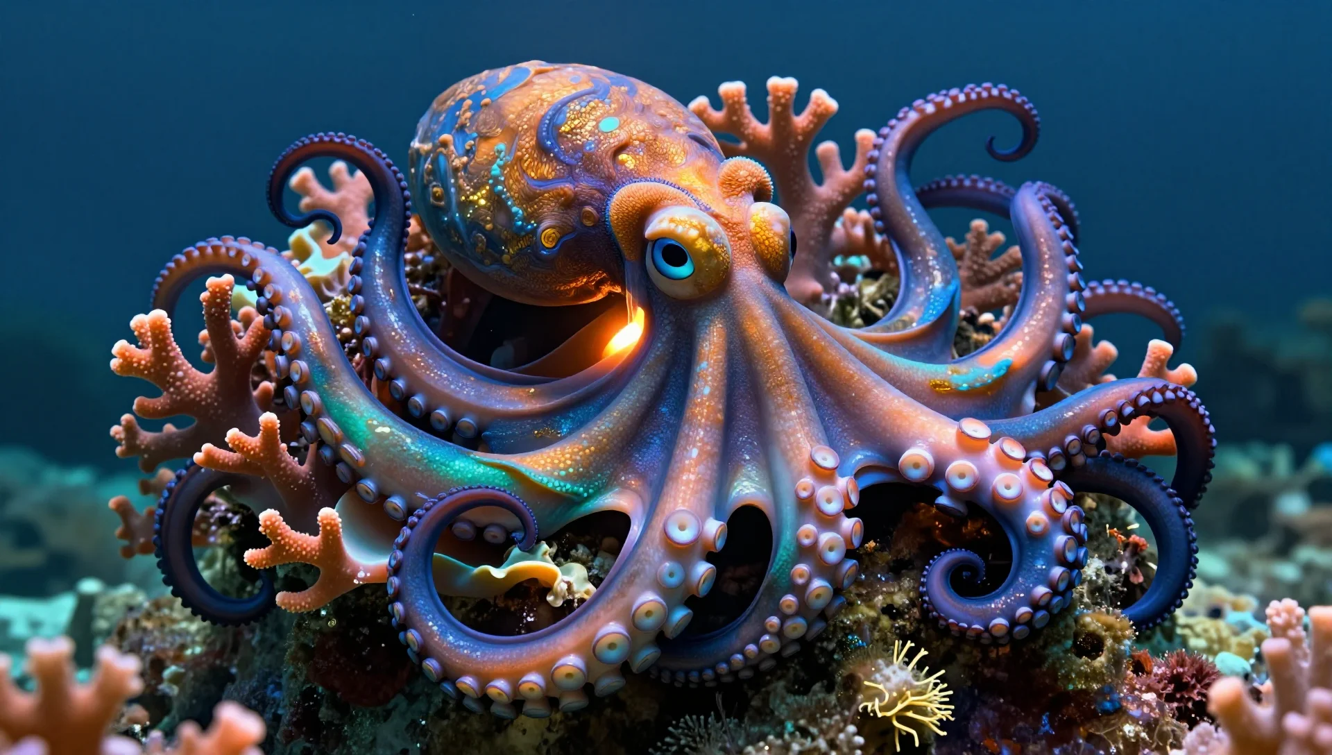 A coral reef transforming into octopus tentacles forming a protective shell around a glowing core.