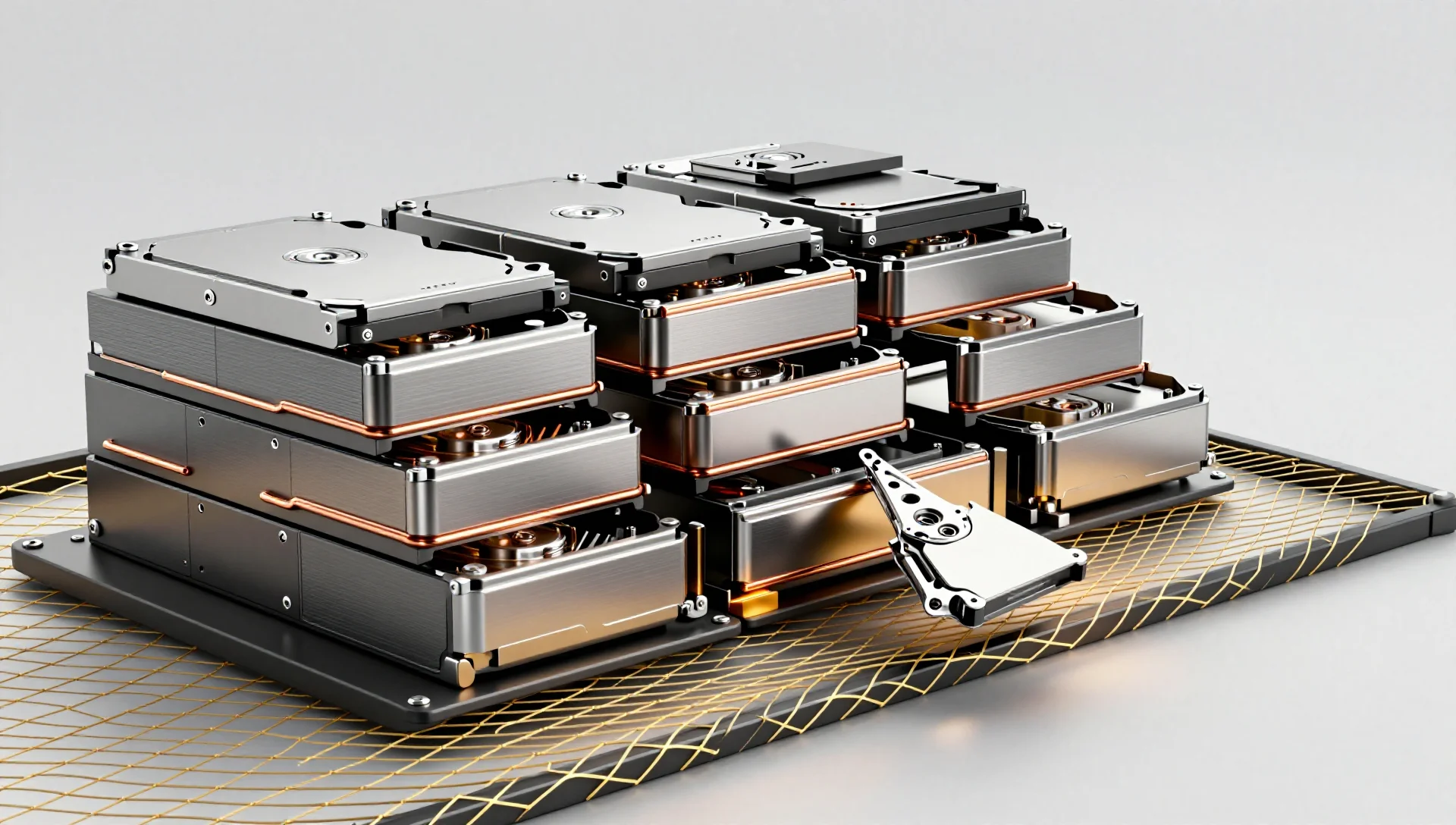 Stacked storage drives on a stepped ramp above a golden safety net, symbolizing a safe upgrade.