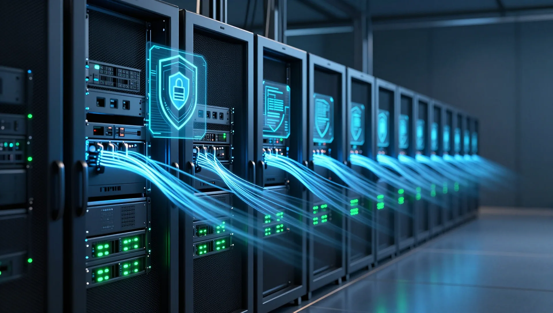 Glowing server racks with flowing data streams representing Veeam backup protection for Proxmox VE.