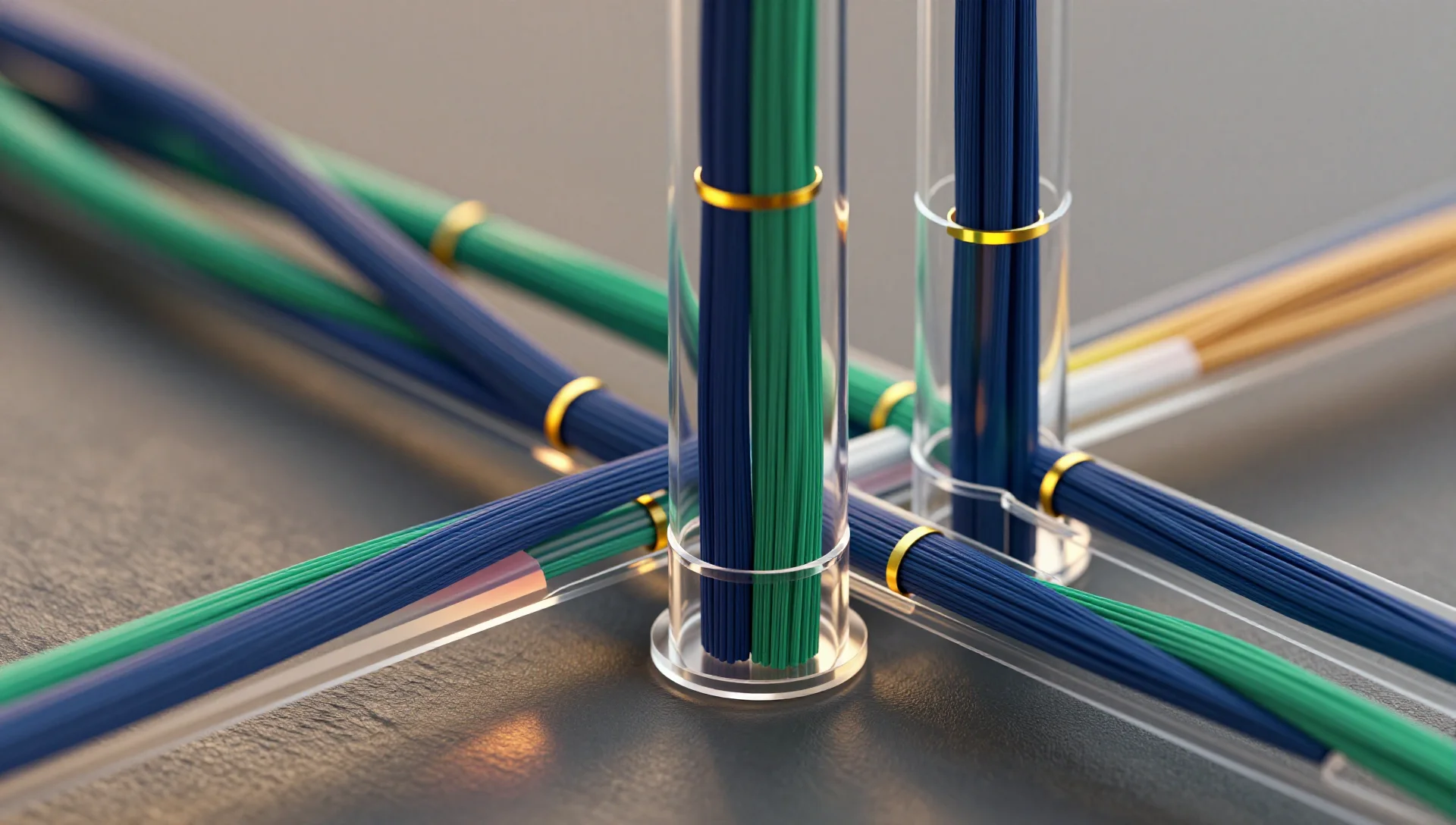 Colorful fiber optic cables weaving through transparent network channels in layered isolation patterns.