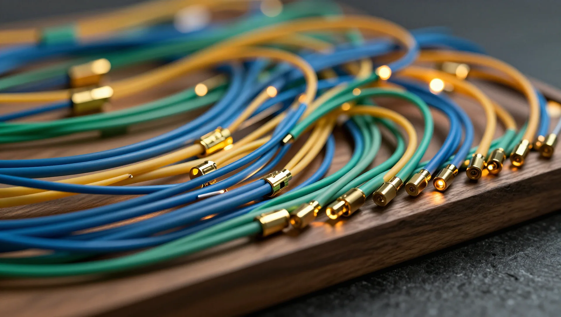 Glowing fiber-optic cables weave through dark shelves on a black stone surface