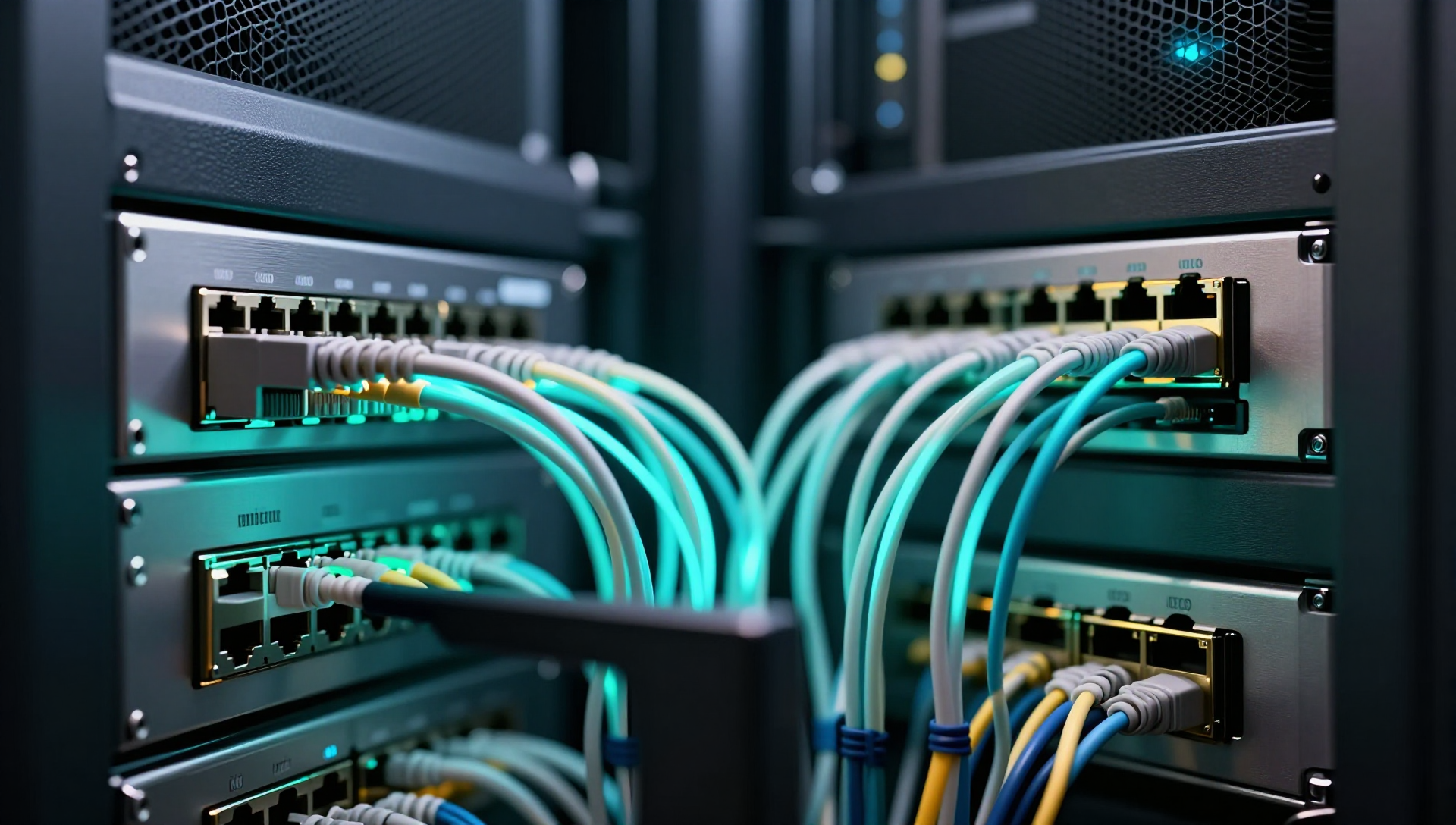 Brushed metal network switches with a glowing teal tunnel among cables in a dark server room.