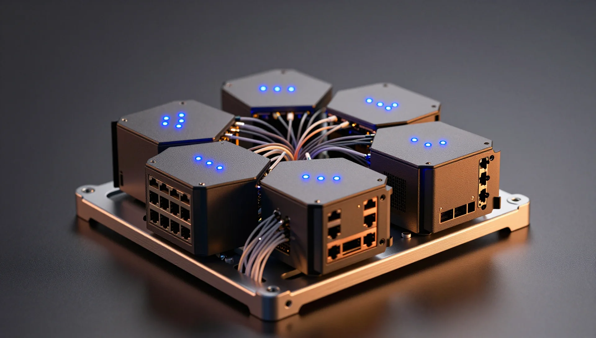 Hexagonal cluster of glowing blue servers on dark surface.