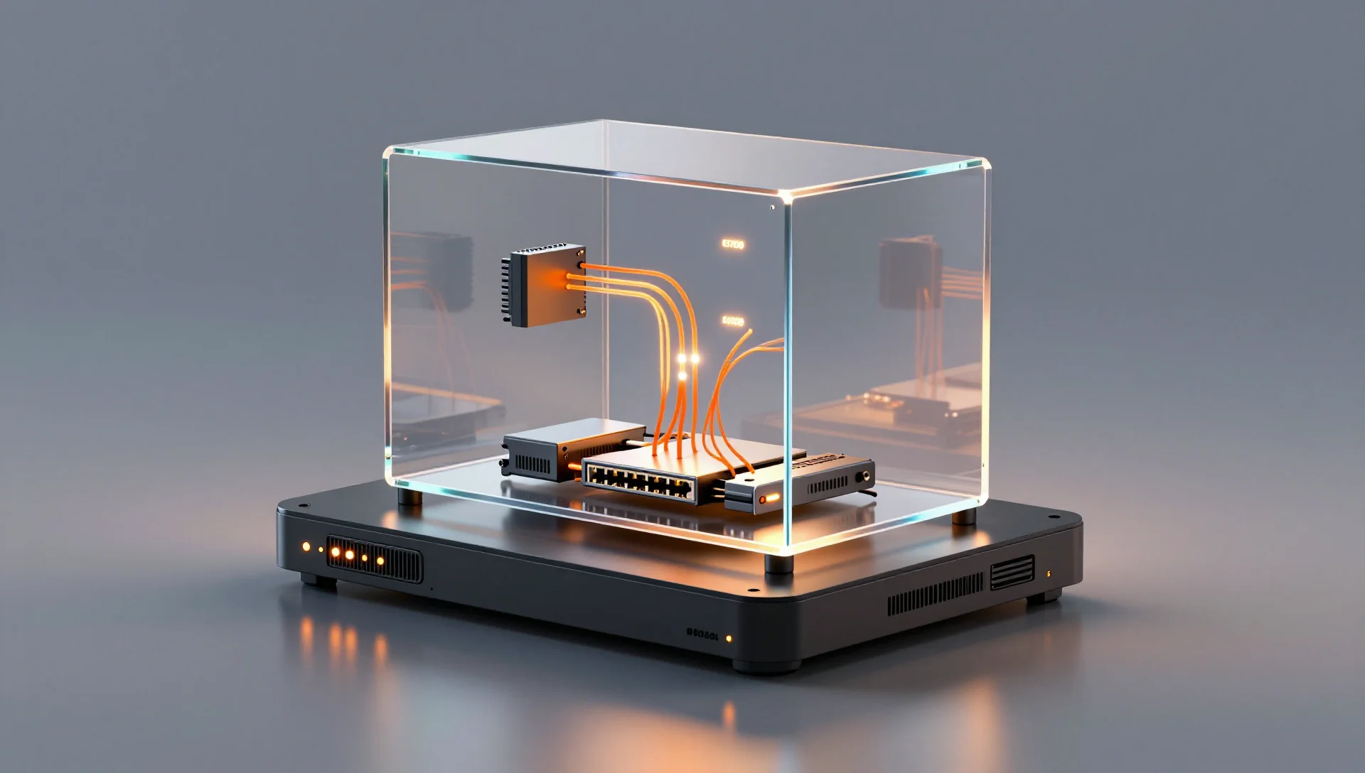 Transparent virtual machine container with orange driver connections flowing from server base