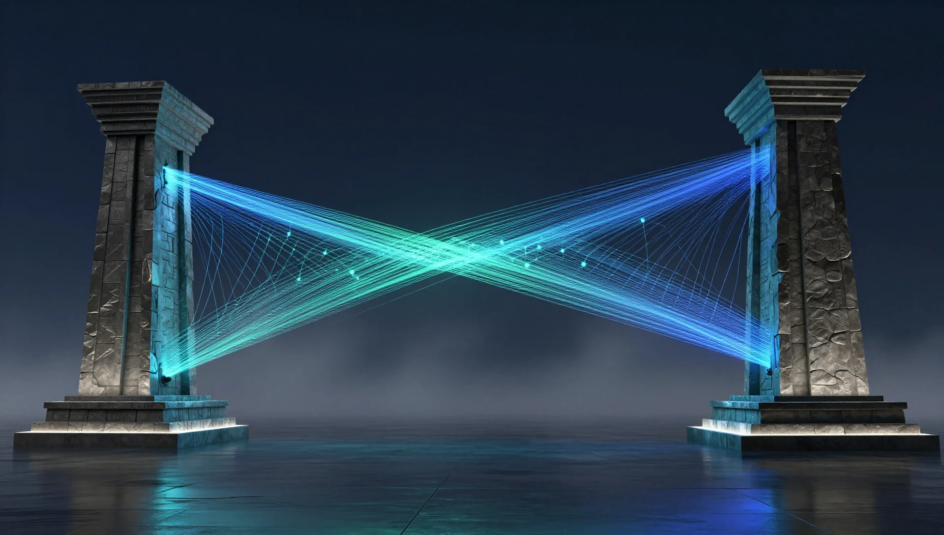 Two stone towers connected by a glowing cobalt fabric tunnel threaded with small linked nodes.
