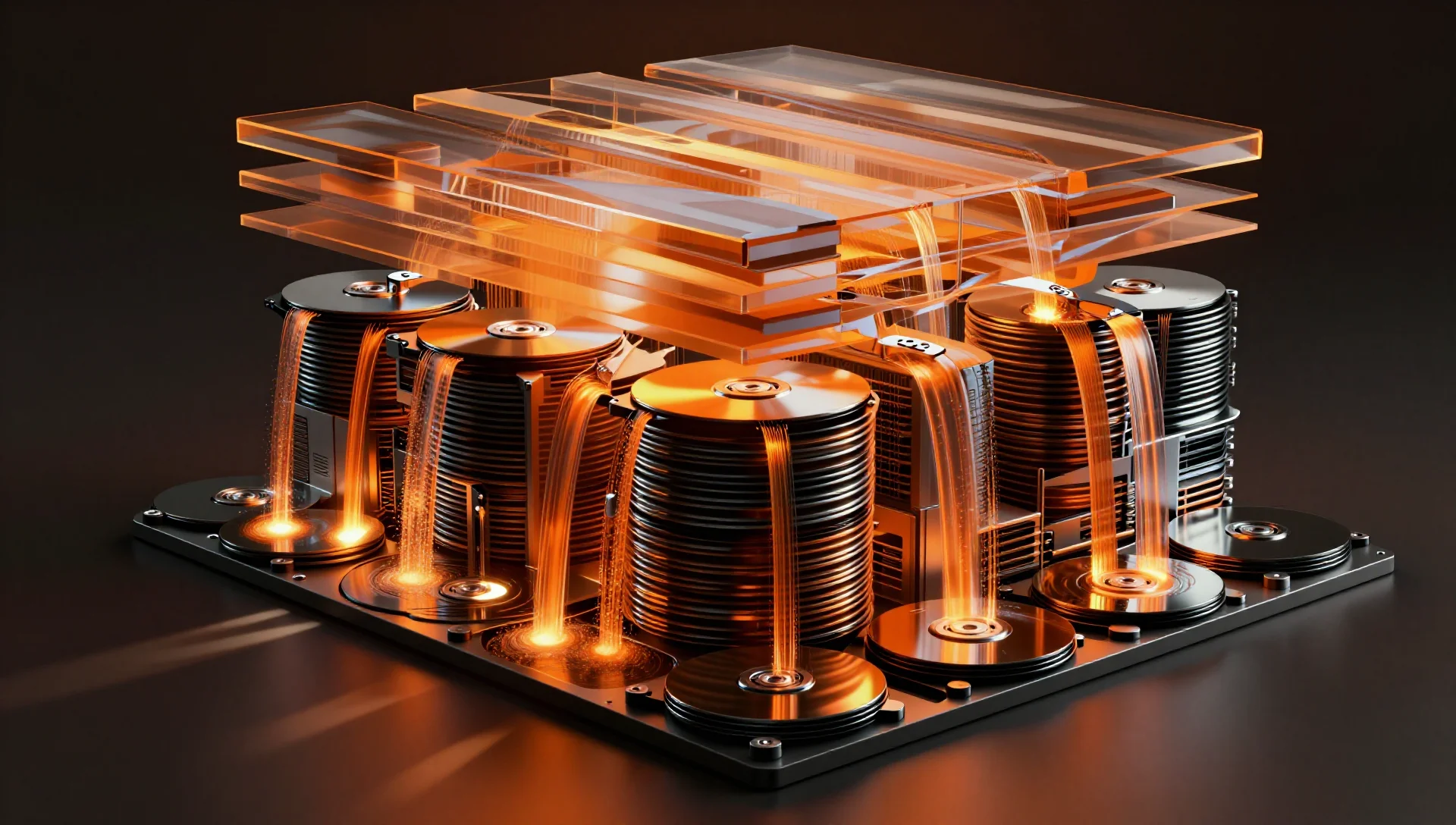 Cascading hard drive platters with orange data streams flowing into unified storage pool