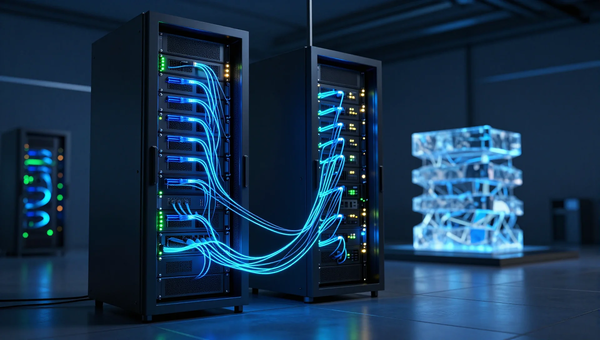 Two data center server racks connected by glowing blue streams of light representing ZFS data replication.