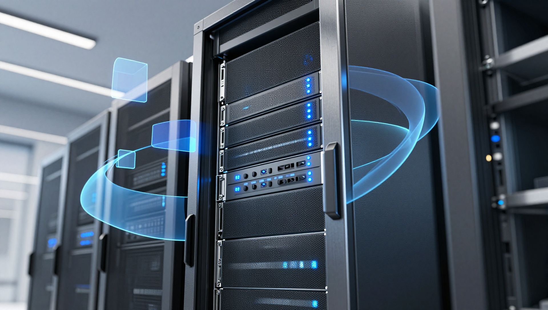 A sleek server rack in a data center with floating geometric shapes, lit by soft blue light.