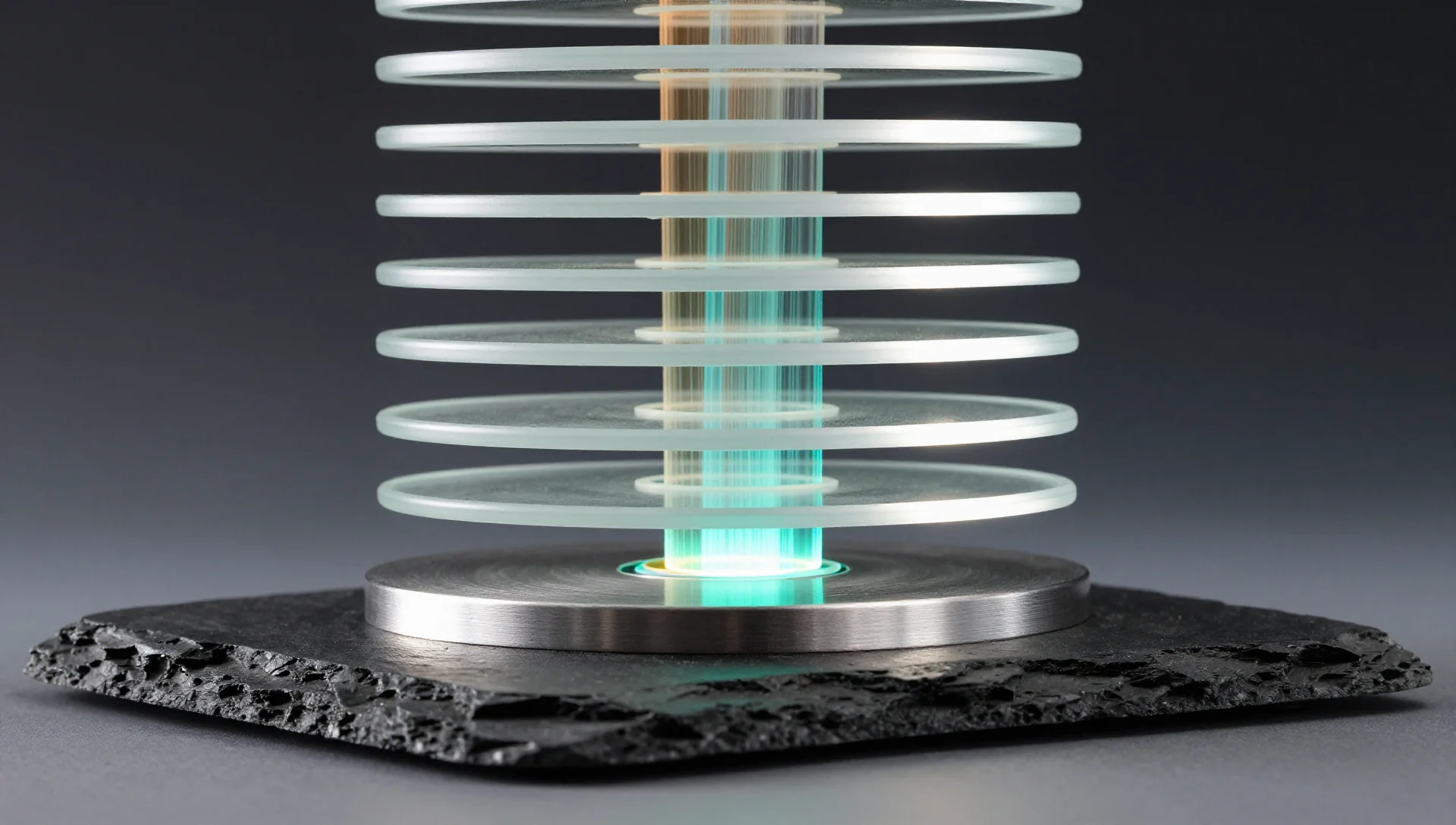 Stack of glowing glass discs representing ZFS snapshots with light streams flowing between layers on a slate surface.