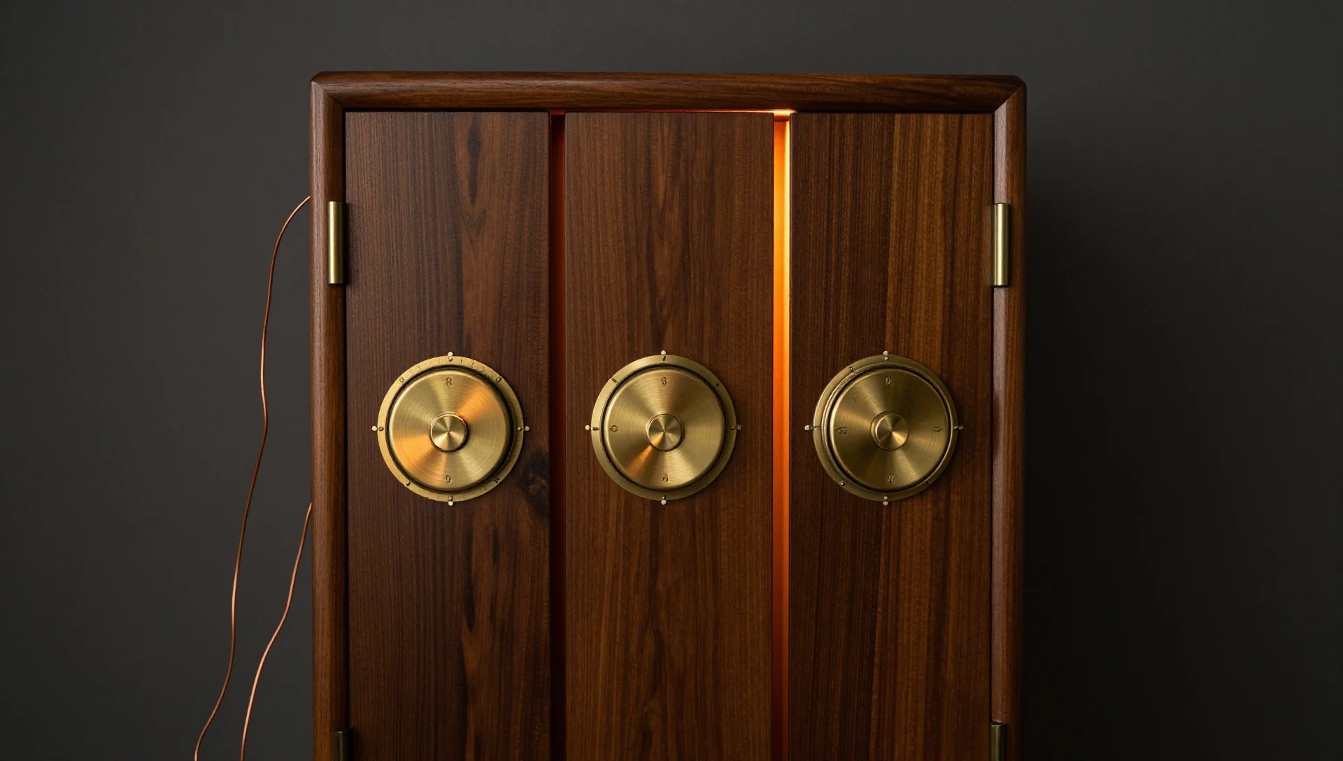 Brass-dialed wooden storage unit glowing warmly against a charcoal background