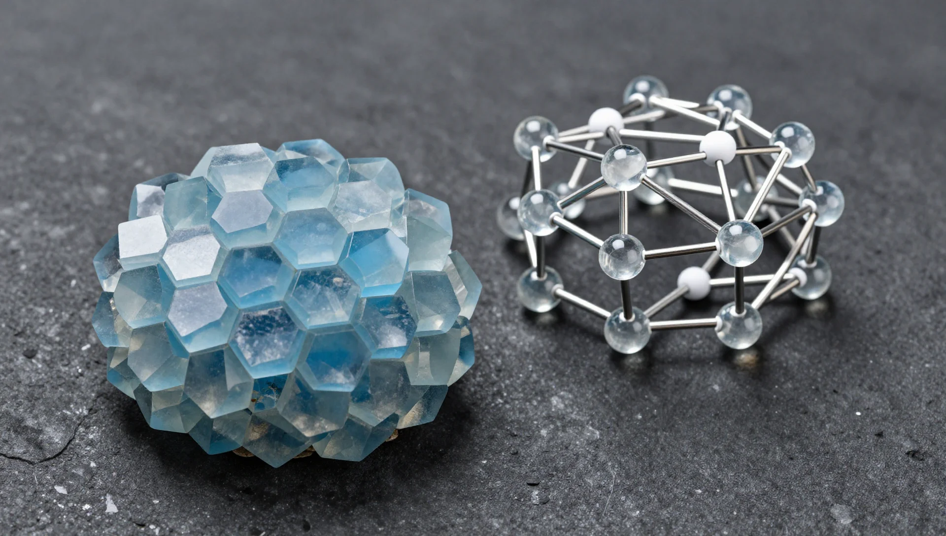 A dense blue crystal cluster beside an open interconnected node framework on dark stone.