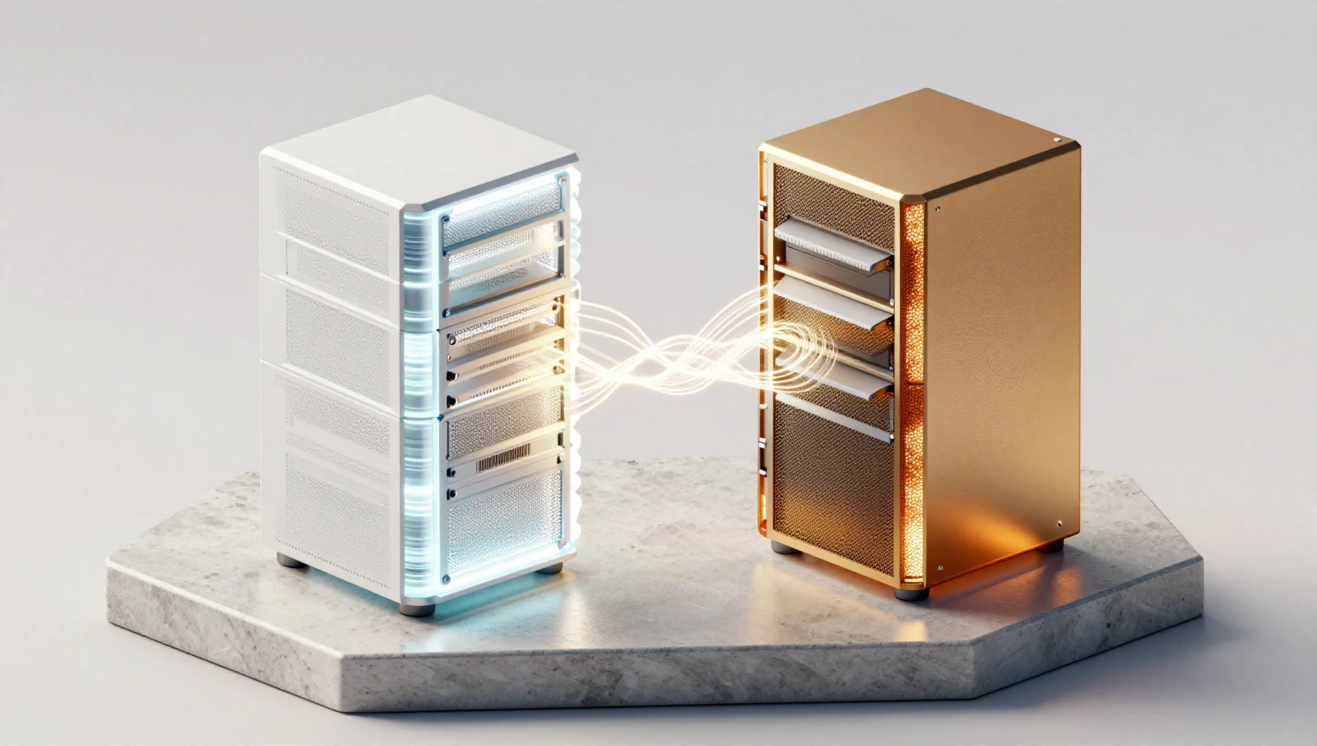 Two glowing server modules side-by-side, one crystalline and one honeycomb, showing two storage options.